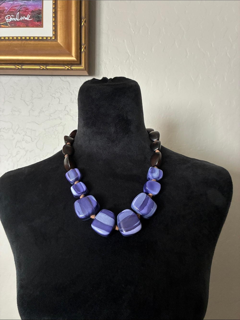 Wood & Purple Bead Statement Necklace Boho Artisan Handmade